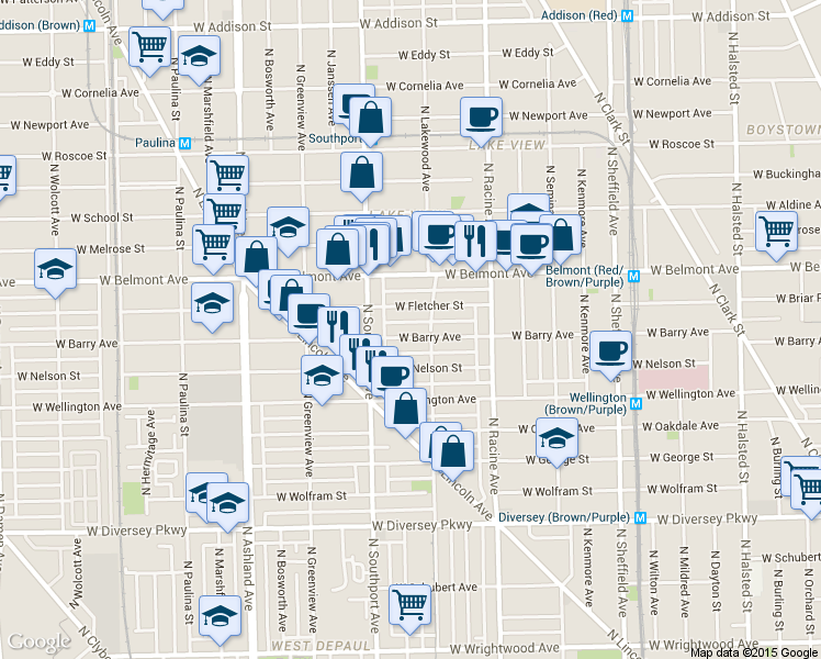 map of restaurants, bars, coffee shops, grocery stores, and more near 6 North Lakewood Avenue in Chicago