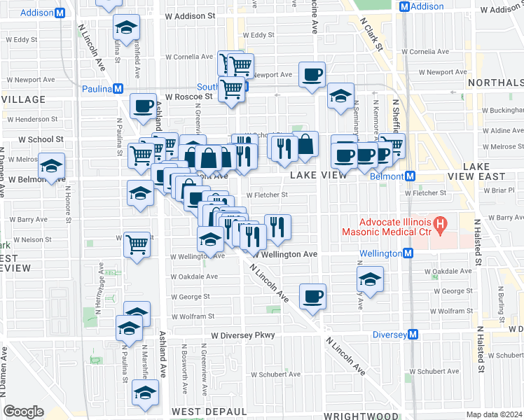 map of restaurants, bars, coffee shops, grocery stores, and more near 1347 West Fletcher Street in Chicago