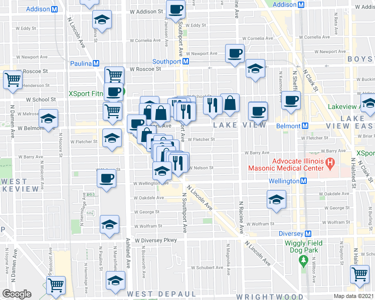 map of restaurants, bars, coffee shops, grocery stores, and more near 1347 West Fletcher Street in Chicago