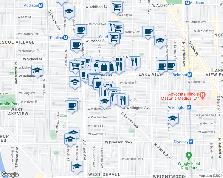 map of restaurants, bars, coffee shops, grocery stores, and more near 1415 West Fletcher Street in Chicago