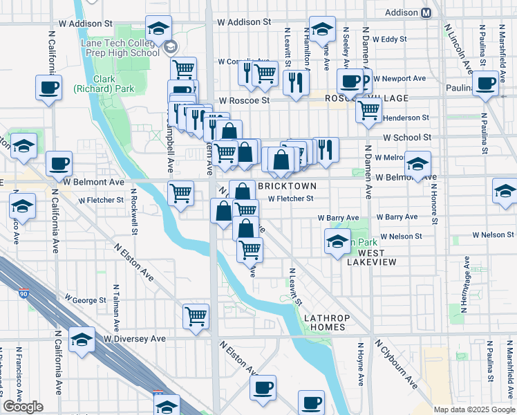 map of restaurants, bars, coffee shops, grocery stores, and more near 3123 North Oakley Avenue in Chicago