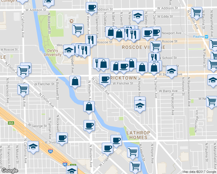 map of restaurants, bars, coffee shops, grocery stores, and more near 3123 North Oakley Avenue in Chicago
