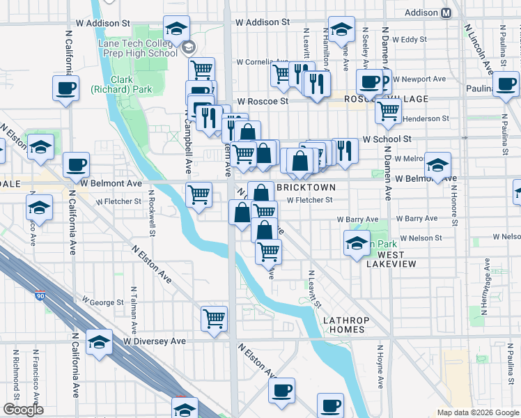 map of restaurants, bars, coffee shops, grocery stores, and more near 3123 North Oakley Avenue in Chicago