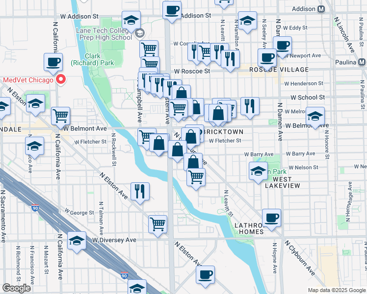 map of restaurants, bars, coffee shops, grocery stores, and more near 3142 North Clybourn Avenue in Chicago