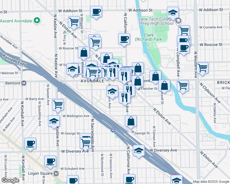 map of restaurants, bars, coffee shops, grocery stores, and more near 2848 West Barry Avenue in Chicago