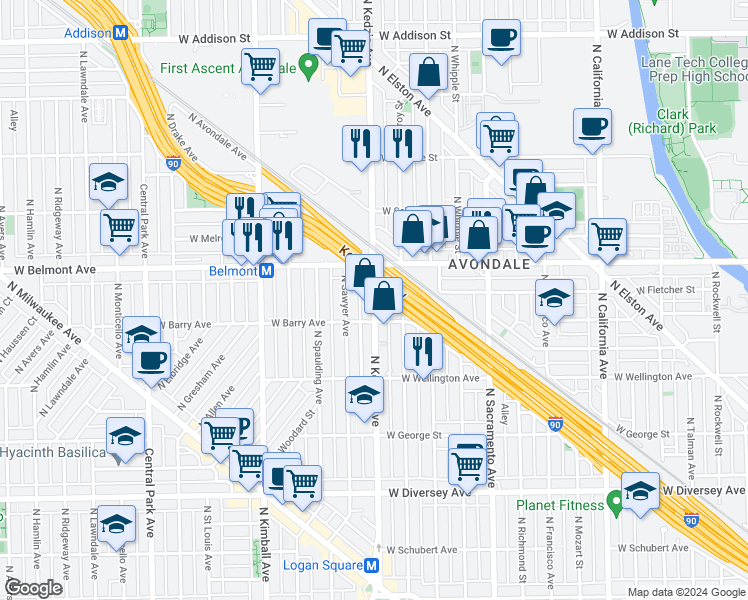 map of restaurants, bars, coffee shops, grocery stores, and more near 3130 North Kedzie Avenue in Chicago