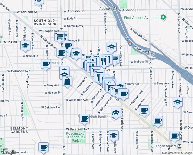 map of restaurants, bars, coffee shops, grocery stores, and more near in Chicago