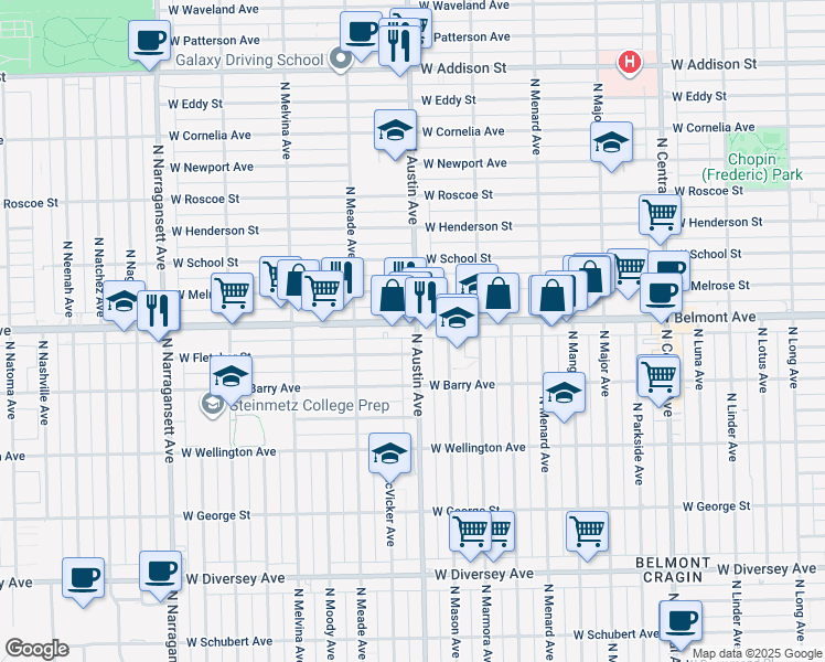 map of restaurants, bars, coffee shops, grocery stores, and more near 6020 West Belmont Avenue in Chicago