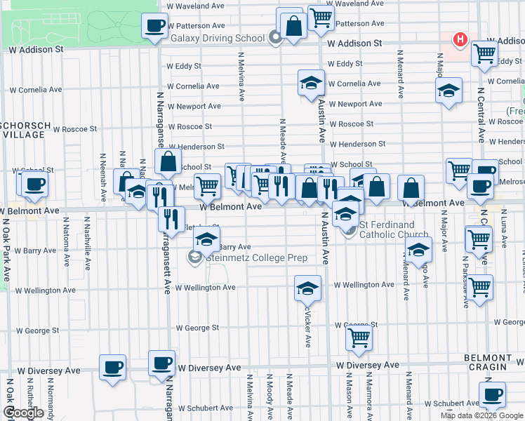 map of restaurants, bars, coffee shops, grocery stores, and more near 6132 West Belmont Avenue in Chicago