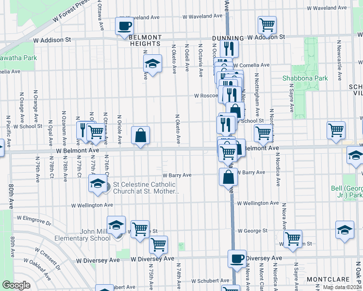 map of restaurants, bars, coffee shops, grocery stores, and more near 3214 North Oketo Avenue in Chicago