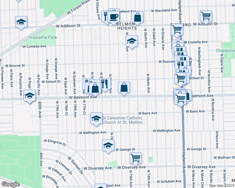 map of restaurants, bars, coffee shops, grocery stores, and more near 3215 North Oriole Avenue in Chicago