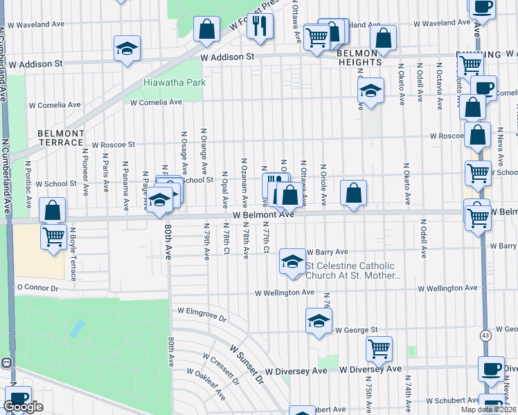 map of restaurants, bars, coffee shops, grocery stores, and more near 3218 North Ozark Avenue in Chicago