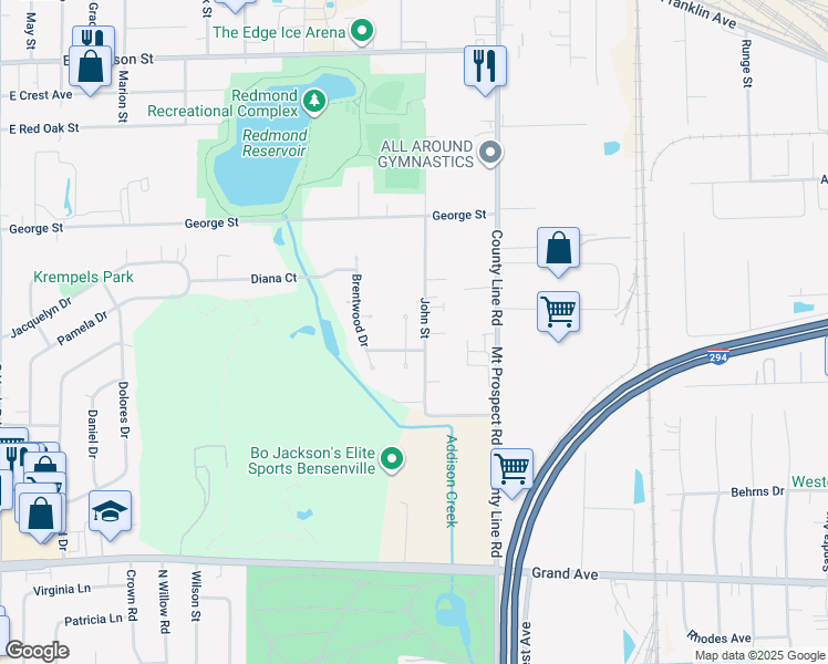 map of restaurants, bars, coffee shops, grocery stores, and more near 824 River Forest Court in Bensenville