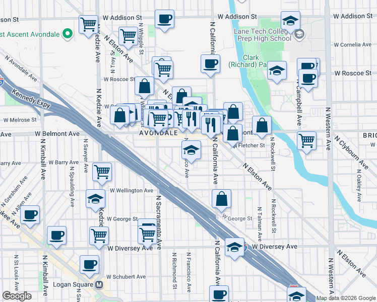 map of restaurants, bars, coffee shops, grocery stores, and more near 2905 West Fletcher Street in Chicago