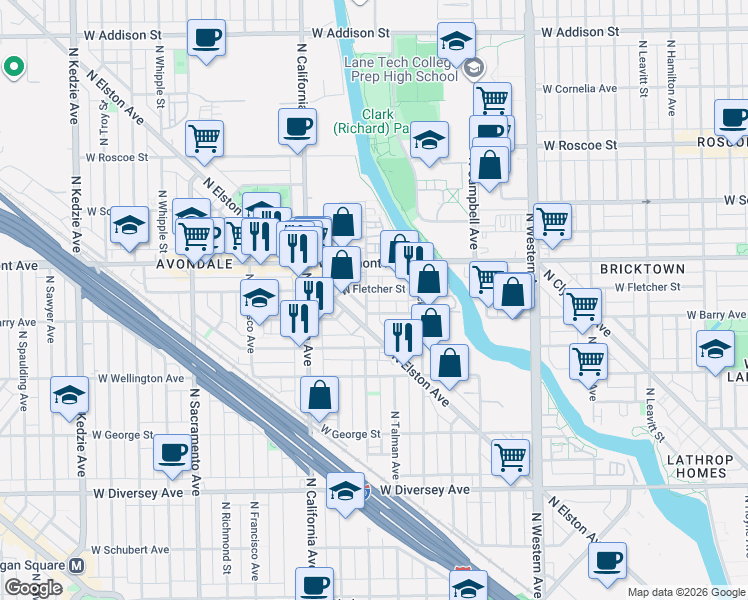 map of restaurants, bars, coffee shops, grocery stores, and more near 2635 West Fletcher Street in Chicago