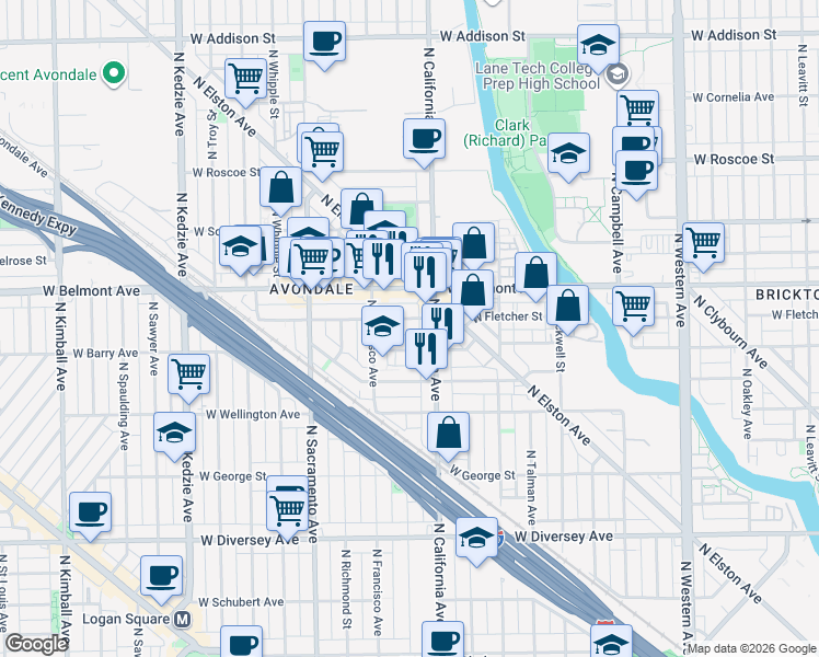 map of restaurants, bars, coffee shops, grocery stores, and more near 2848 West Barry Avenue in Chicago
