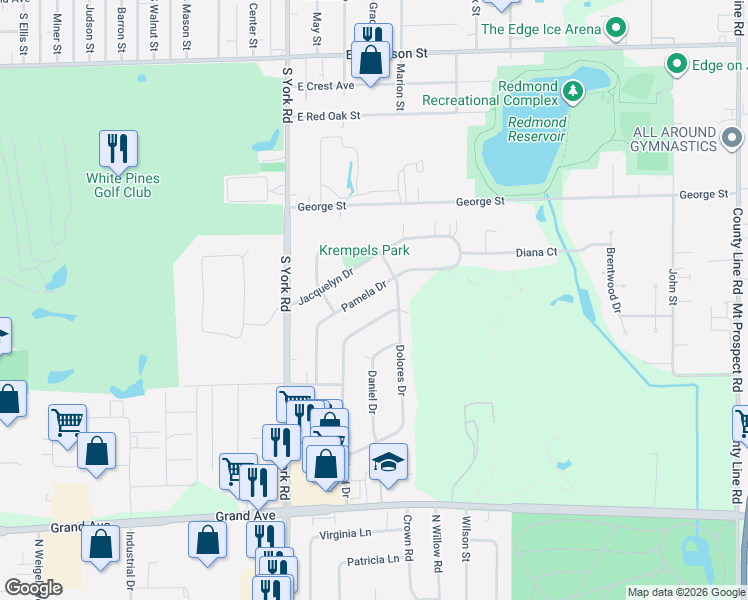 map of restaurants, bars, coffee shops, grocery stores, and more near 131 Pamela Drive in Bensenville