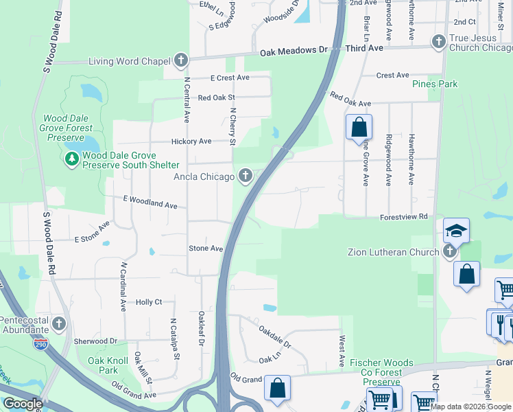 map of restaurants, bars, coffee shops, grocery stores, and more near 17W205 Woodland Avenue in Bensenville