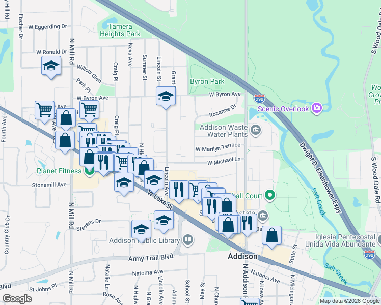 map of restaurants, bars, coffee shops, grocery stores, and more near 138 West Marilyn Terrace in Addison