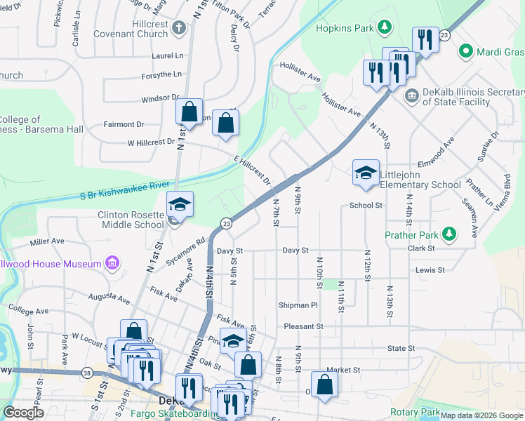 map of restaurants, bars, coffee shops, grocery stores, and more near 610 Sycamore Road in DeKalb