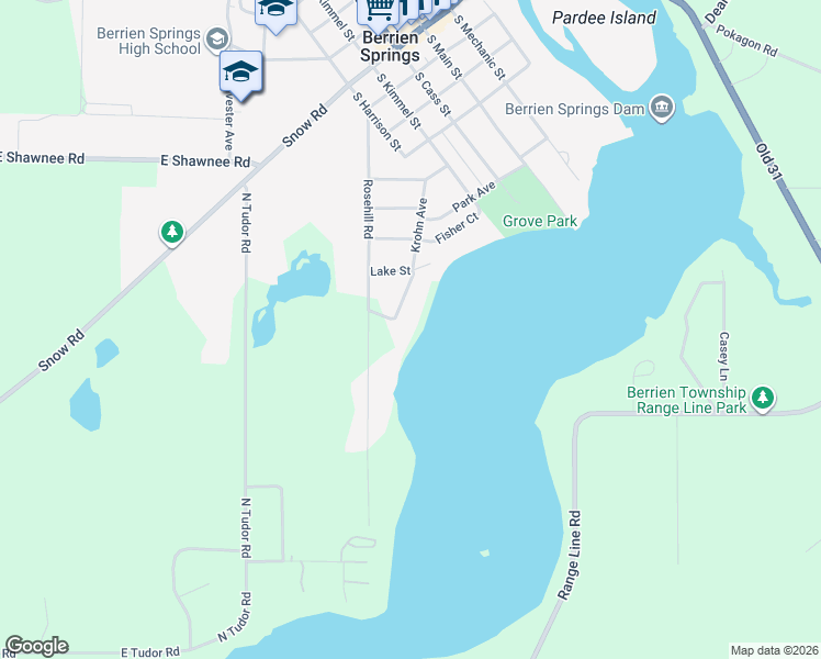 map of restaurants, bars, coffee shops, grocery stores, and more near 9957 Lakeview Drive in Berrien Springs