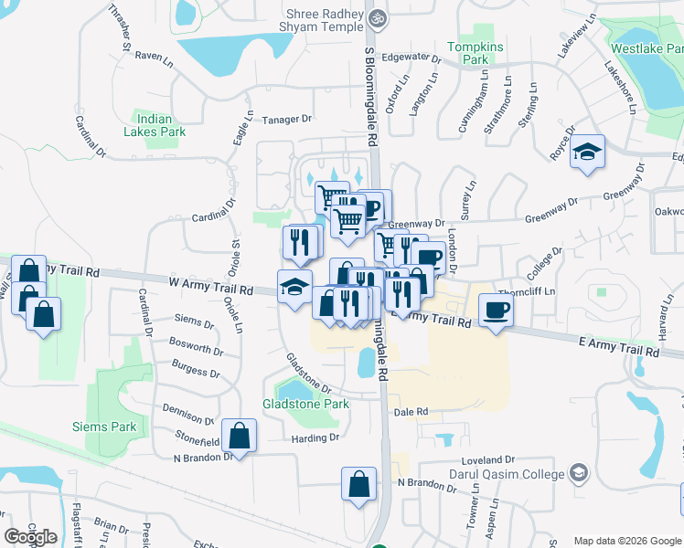 map of restaurants, bars, coffee shops, grocery stores, and more near 2164 Bloomingdale Road in Glendale Heights