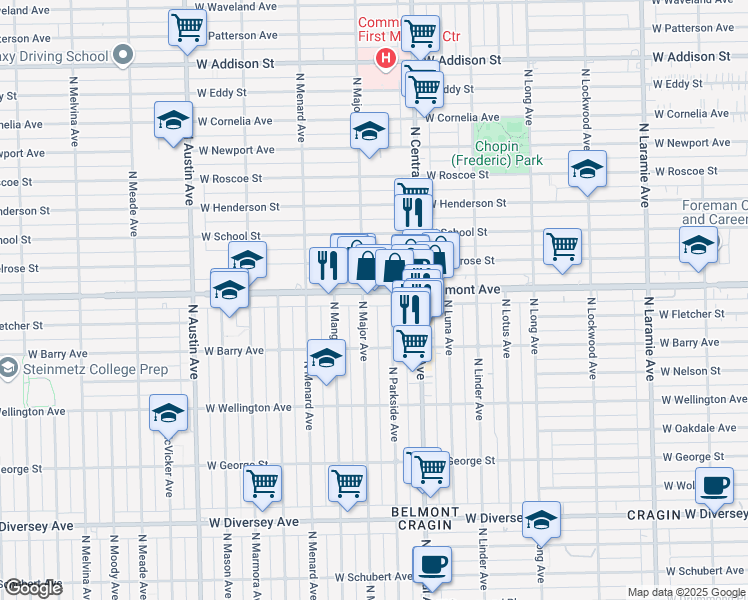 map of restaurants, bars, coffee shops, grocery stores, and more near 5645 West Belmont Avenue in Chicago