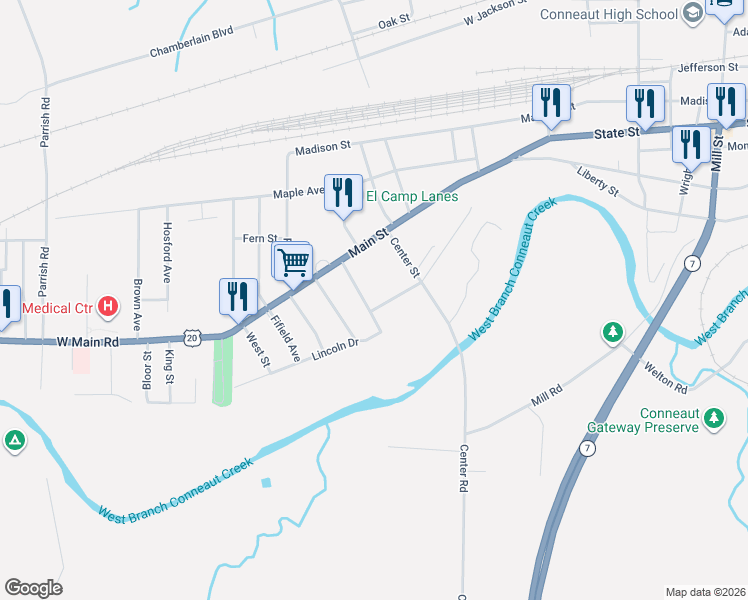 map of restaurants, bars, coffee shops, grocery stores, and more near 158 Grandview Avenue in Conneaut