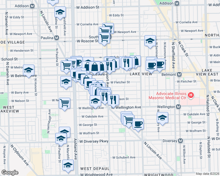 map of restaurants, bars, coffee shops, grocery stores, and more near 3109 North Southport Avenue in Chicago