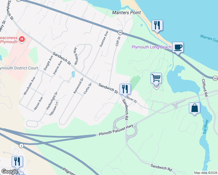 map of restaurants, bars, coffee shops, grocery stores, and more near 98 Cliff Street in Plymouth