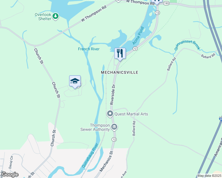 map of restaurants, bars, coffee shops, grocery stores, and more near 92 Riverside Drive in Thompson