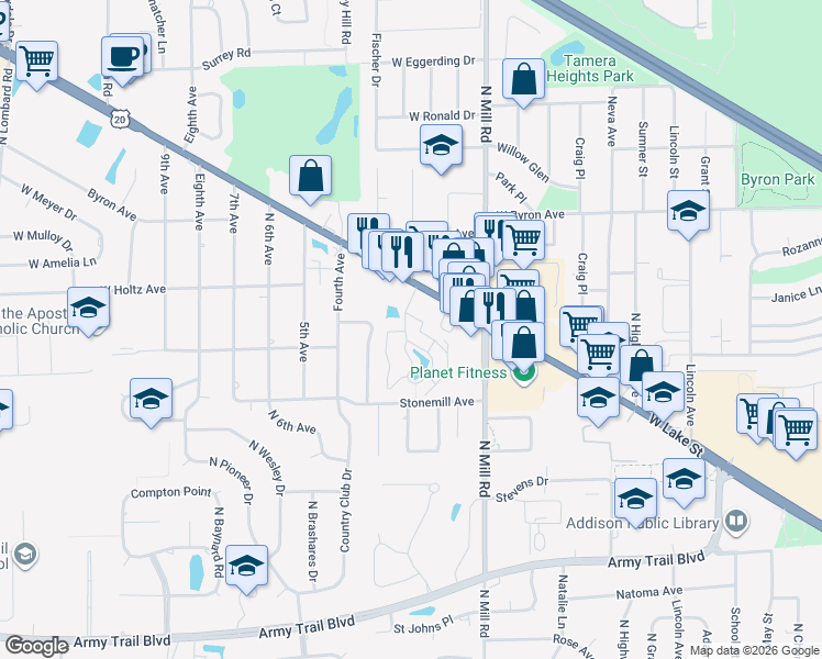map of restaurants, bars, coffee shops, grocery stores, and more near 724 Briar Hill Lane in Addison