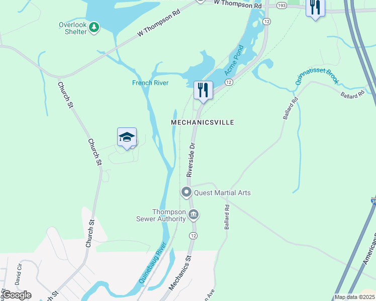 map of restaurants, bars, coffee shops, grocery stores, and more near 92 Riverside Drive in Thompson