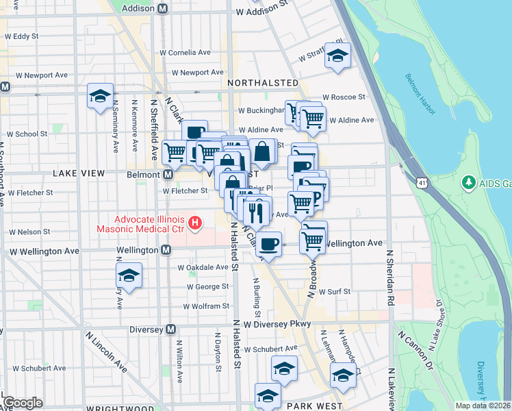 map of restaurants, bars, coffee shops, grocery stores, and more near 722 West Barry Avenue in Chicago