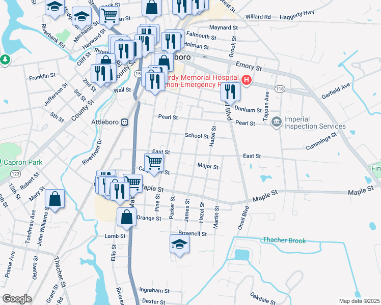 map of restaurants, bars, coffee shops, grocery stores, and more near 50 East Street in Attleboro