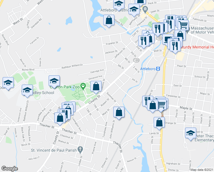 map of restaurants, bars, coffee shops, grocery stores, and more near 15 Dennis Street in Attleboro