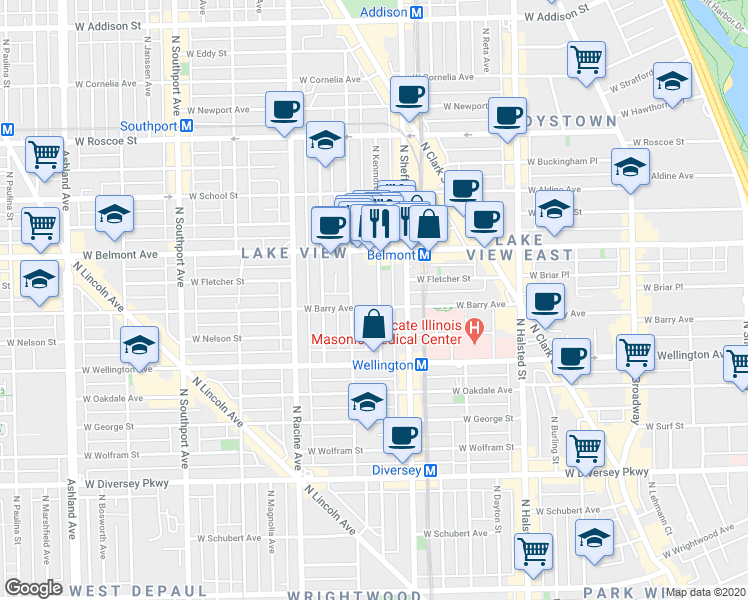 map of restaurants, bars, coffee shops, grocery stores, and more near 3112 North Kenmore Avenue in Chicago