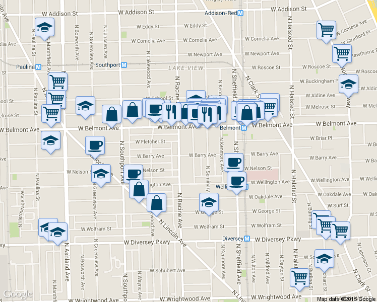 map of restaurants, bars, coffee shops, grocery stores, and more near 3117 North Racine Avenue in Chicago