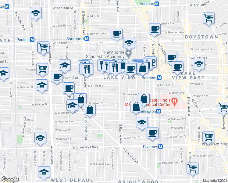 map of restaurants, bars, coffee shops, grocery stores, and more near 1223 West Fletcher Street in Chicago
