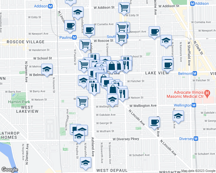 map of restaurants, bars, coffee shops, grocery stores, and more near 1455 West Fletcher Street in Chicago