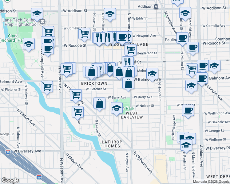 map of restaurants, bars, coffee shops, grocery stores, and more near 2103 West Fletcher Street in Chicago