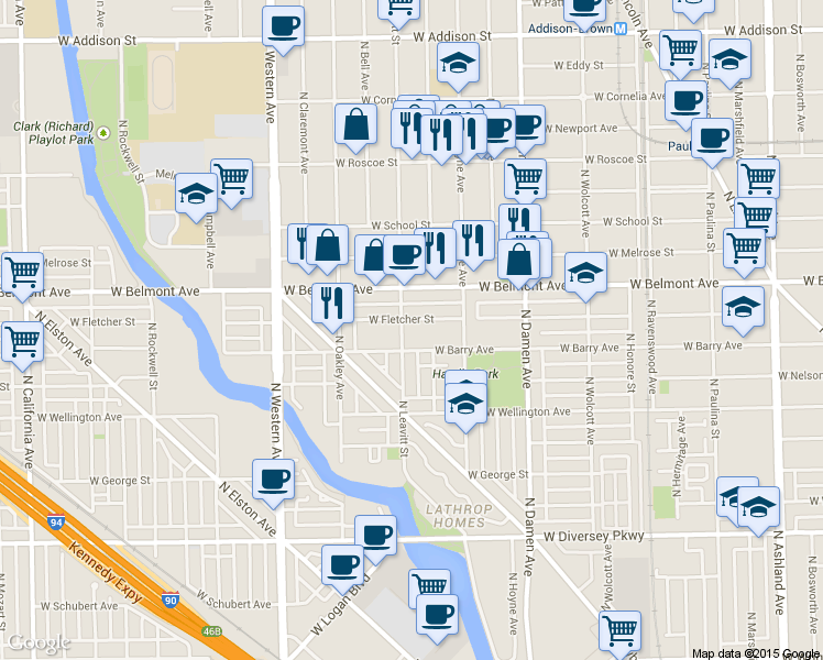 map of restaurants, bars, coffee shops, grocery stores, and more near 2147 West Fletcher Street in Chicago