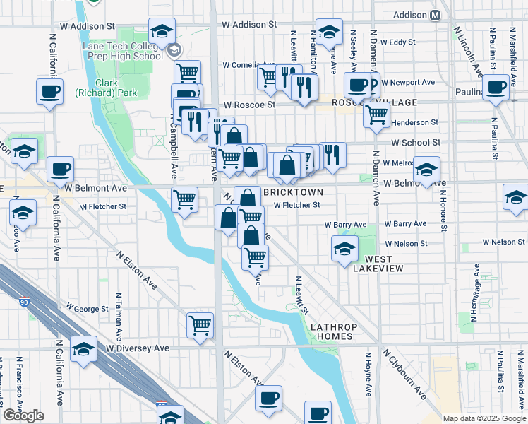 map of restaurants, bars, coffee shops, grocery stores, and more near 3123 North Oakley Avenue in Chicago