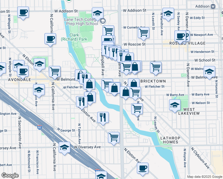 map of restaurants, bars, coffee shops, grocery stores, and more near 2456 West Fletcher Street in Chicago
