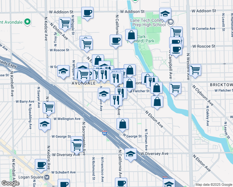 map of restaurants, bars, coffee shops, grocery stores, and more near 3127 North California Avenue in Chicago