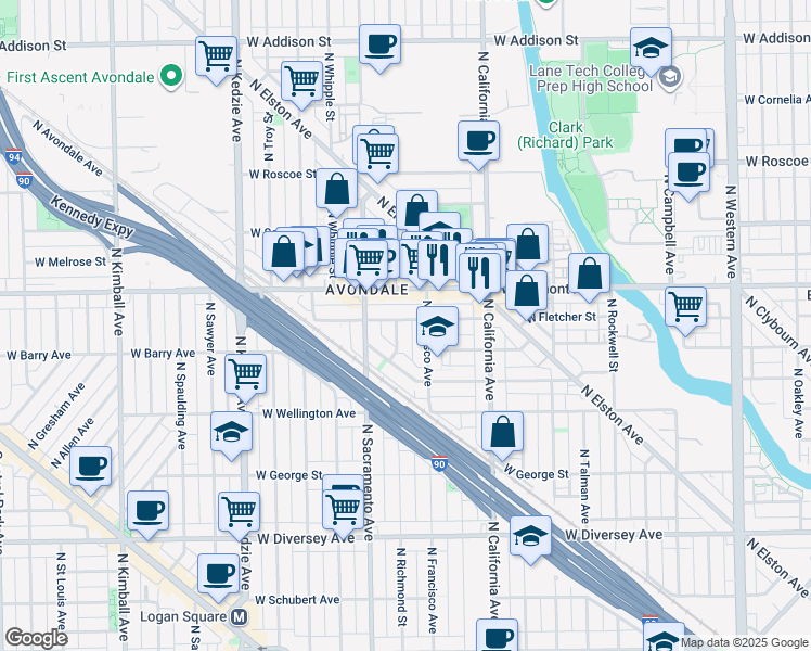 map of restaurants, bars, coffee shops, grocery stores, and more near 2905 West Fletcher Street in Chicago
