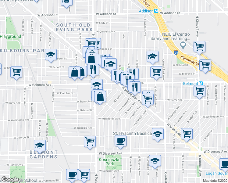 map of restaurants, bars, coffee shops, grocery stores, and more near 3157 North Springfield Avenue in Chicago