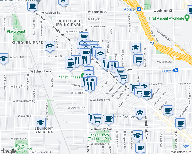 map of restaurants, bars, coffee shops, grocery stores, and more near 3138 North Harding Avenue in Chicago