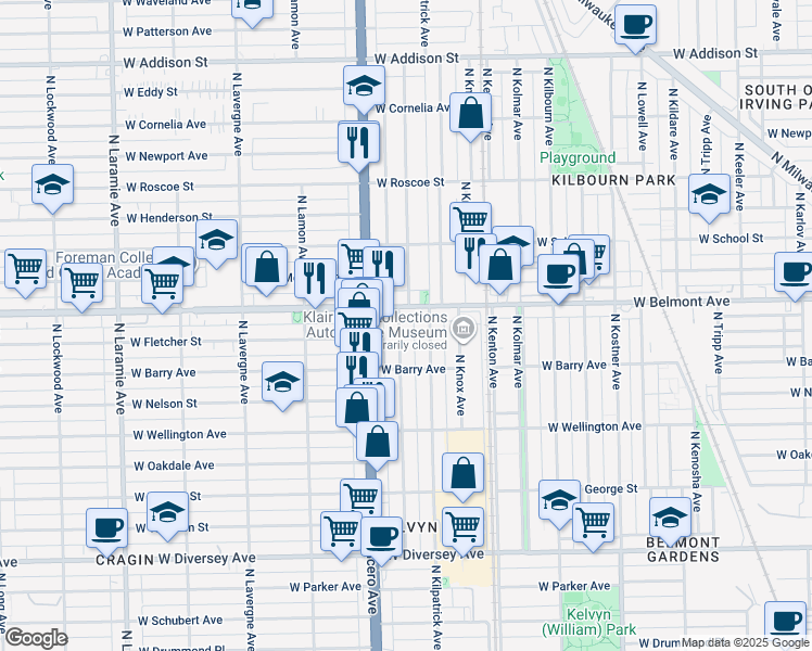 map of restaurants, bars, coffee shops, grocery stores, and more near 4743 West Belmont Avenue in Chicago