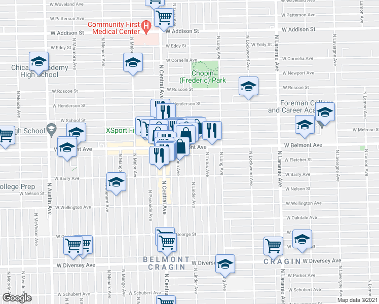 map of restaurants, bars, coffee shops, grocery stores, and more near 5523 West Belmont Avenue in Chicago